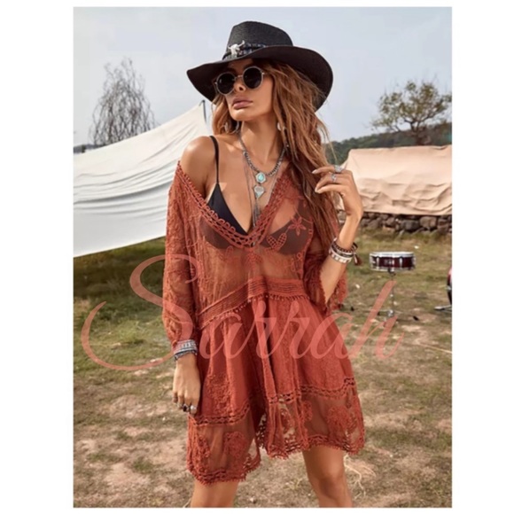 Sarrah Dresses & Skirts - New Bohemian V Neck Crochet Mesh Dress